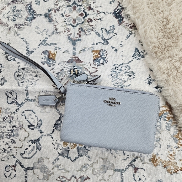 Coach Handbags - Coach Pebble Leather Double Corner Zip Wristlet Pale Blue F87590